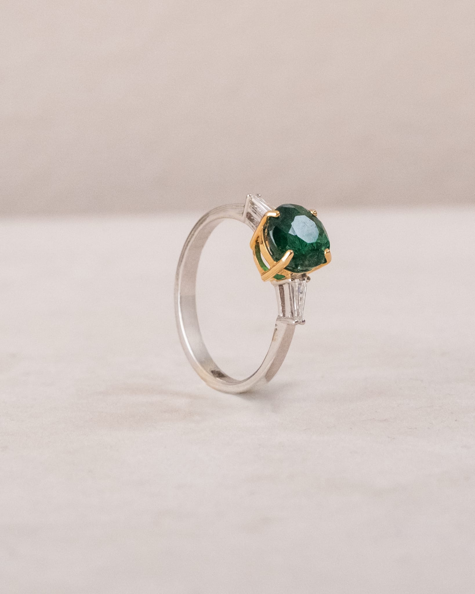 Round Emerald Solitaire Ring with Baguette Diamond Side Stones | Two-Tone Gold & White Gold Ring- mrg8