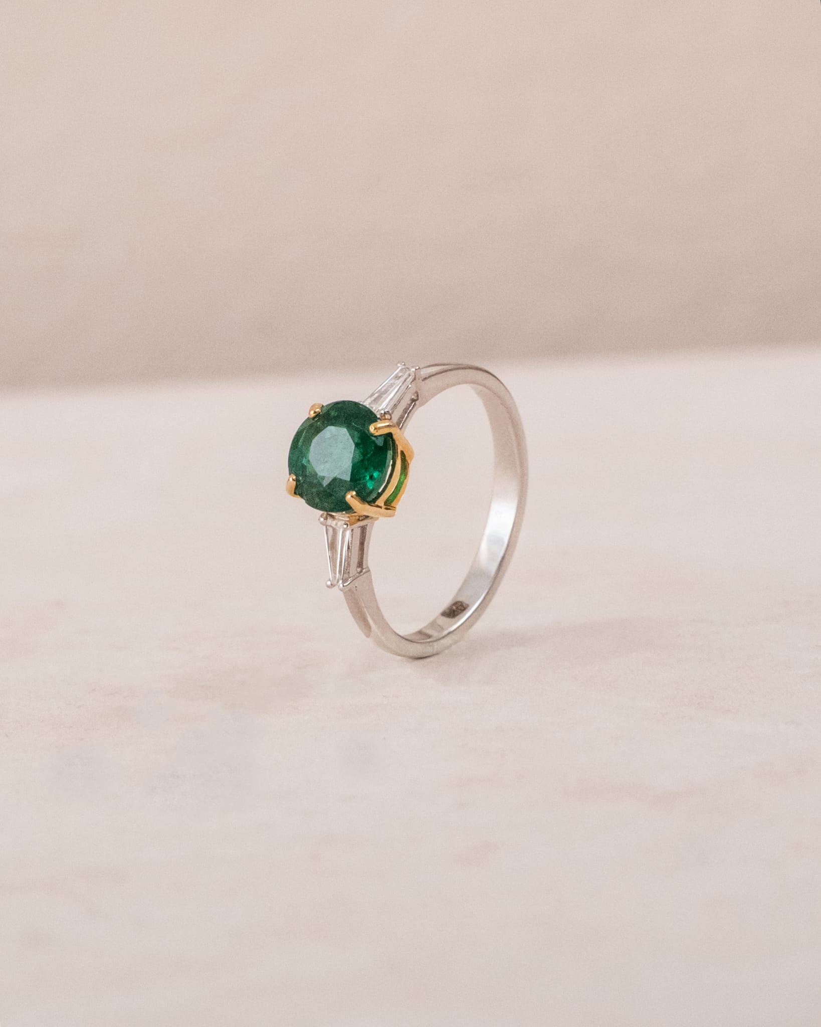 Round Emerald Solitaire Ring with Baguette Diamond Side Stones | Two-Tone Gold & White Gold Ring- mrg8