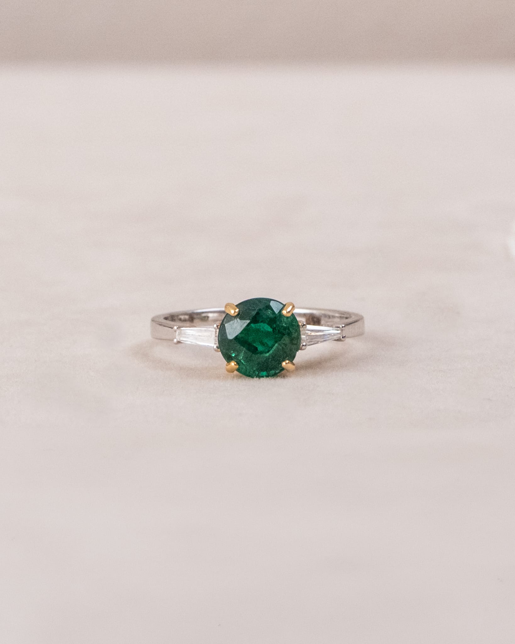 Round Emerald Solitaire Ring with Baguette Diamond Side Stones | Two-Tone Gold & White Gold Ring- mrg8